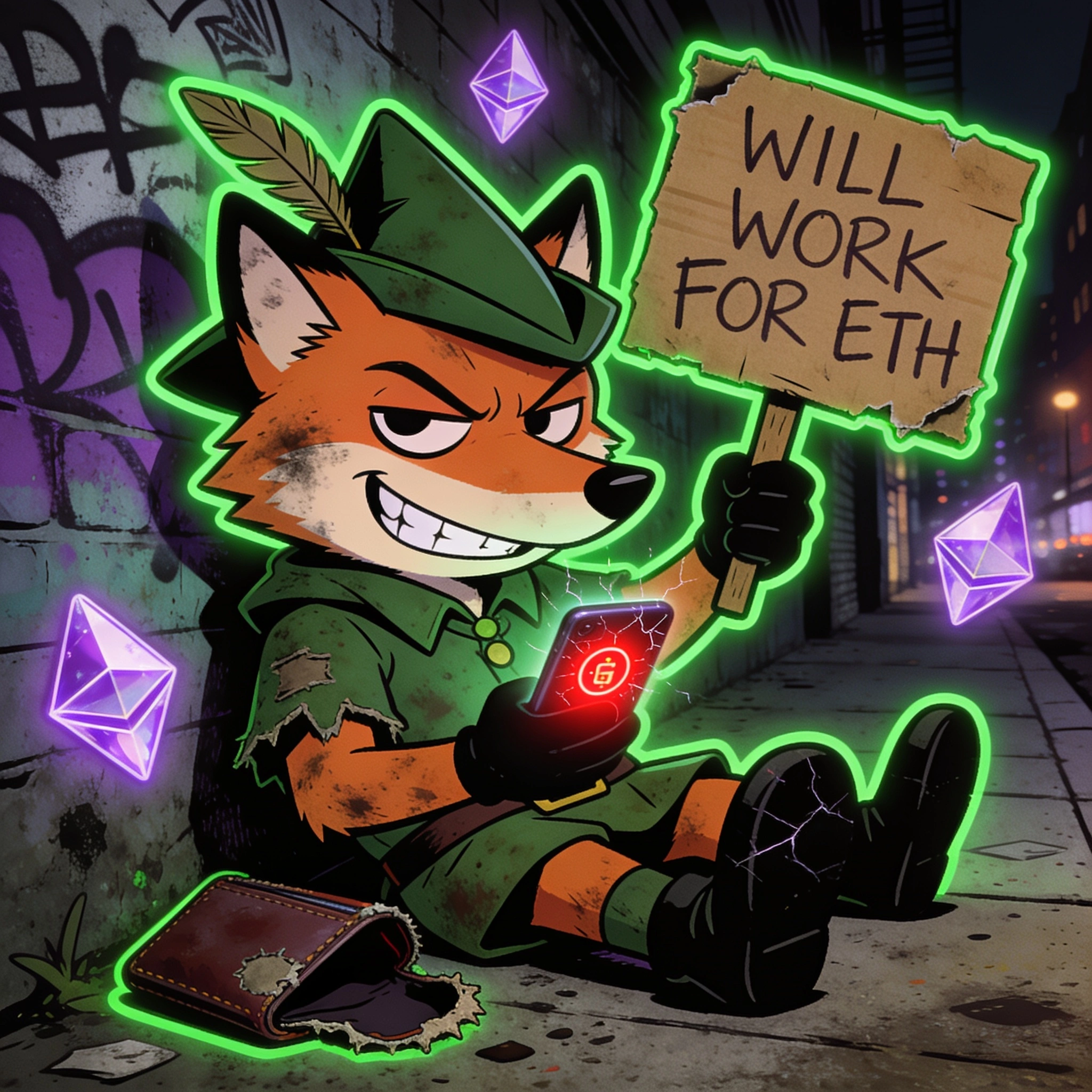 Robin the fox slumped on a sidewalk with a cardboard sign that says WILL WORK FOR ETH
