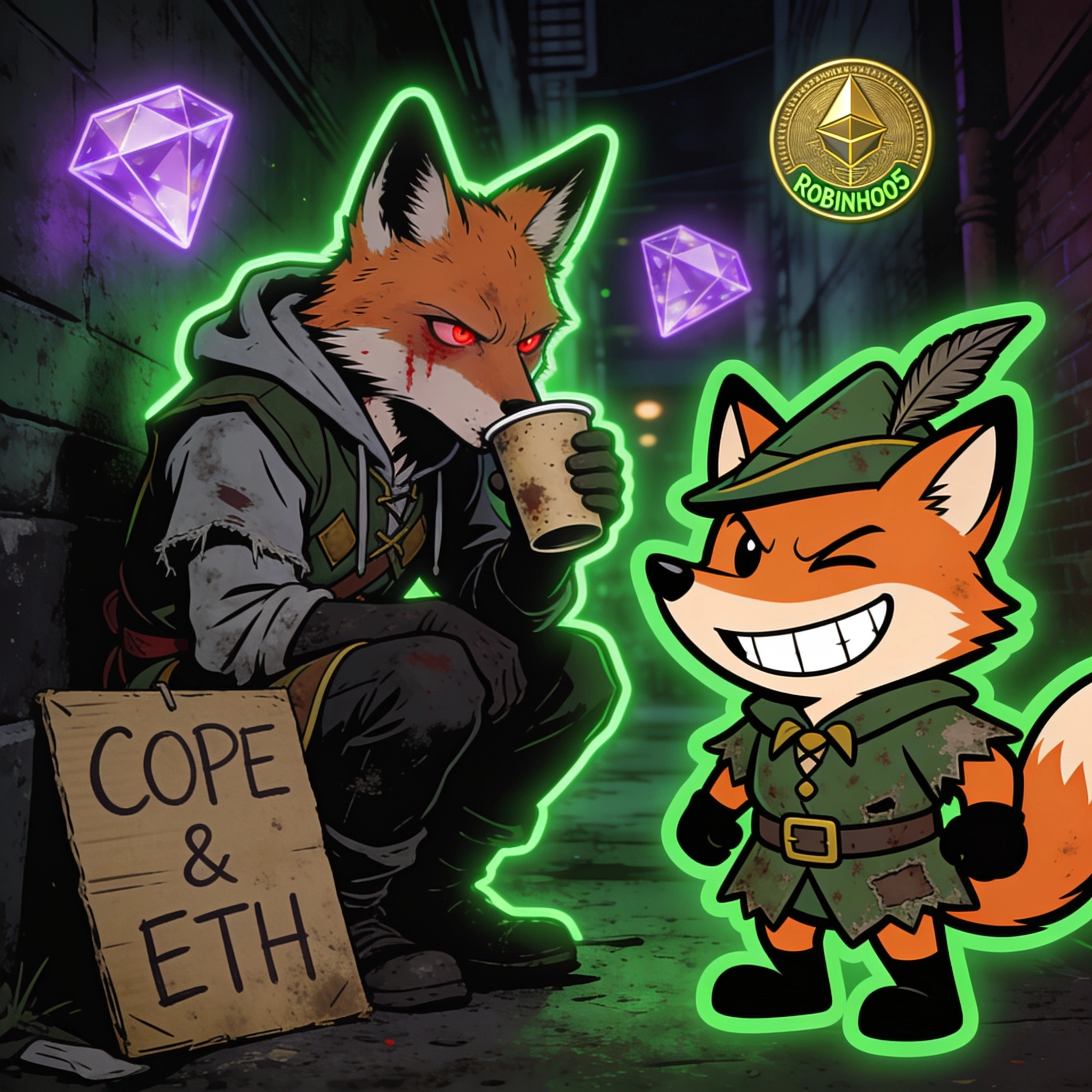 Fox in a hoodie whispering just one more leverage long into a paper cup